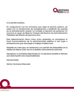 Renuncia el director del SAT del Gobierno de Quintana Roo, Héctor Contreras Mercader.
